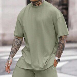 Army Green Casual Mens Solid Tee & Drawstring Waist Shorts